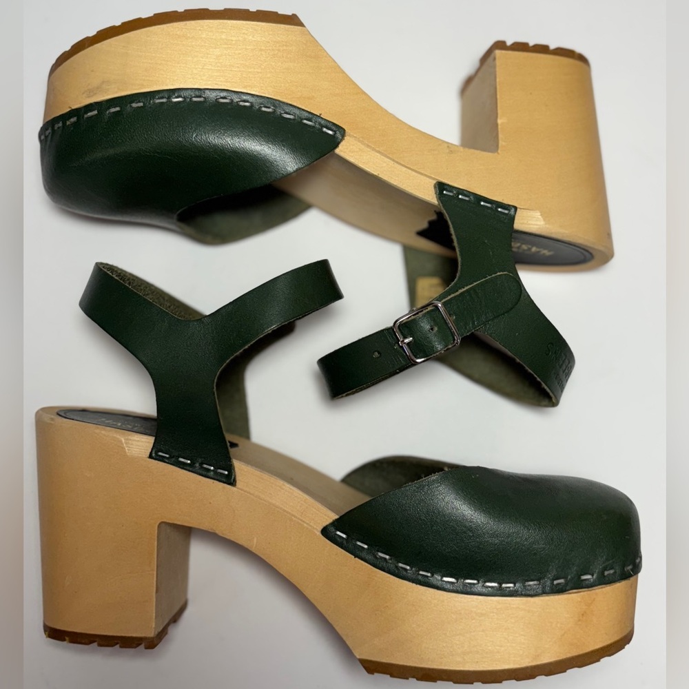 Swedish Hasbeens Dark Green Leather Clogs with Natural Wood Heel